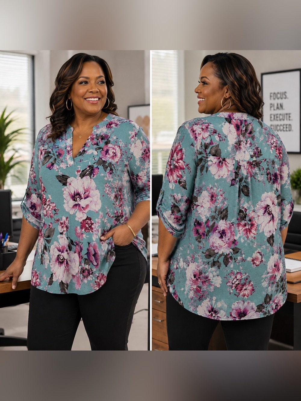 🆕 Mint Floral Split Neck Roll Tab Blouse Plus Size XL 2X 3X NWT - Picture 1 of 3